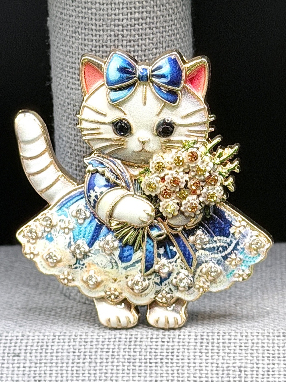 Kitten Brooch with Rhinestone dress & bouquet